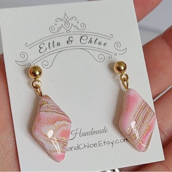 Boho Gold Ball Resin Pink Agate Gemstone Inspired Diamond Drop Dangle Earrings - Picture 5 of 6